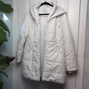 Susan Graver Water Resistant Quilted Puffer Jacket Fur Hood White Medium NWOT